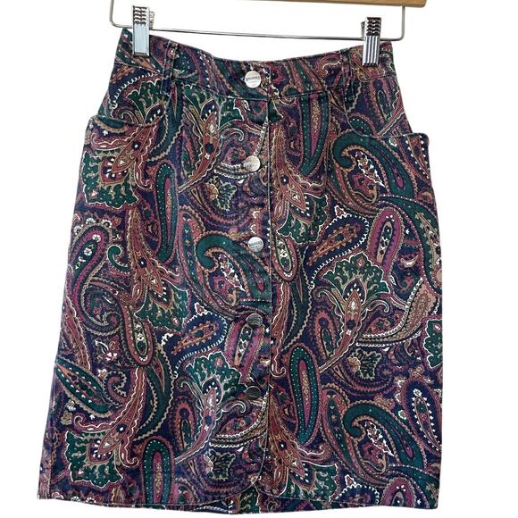VTG RoughRider by Circle T Purple Paisley Button Up Denim Mini Skirt Size 2 - Picture 1 of 7